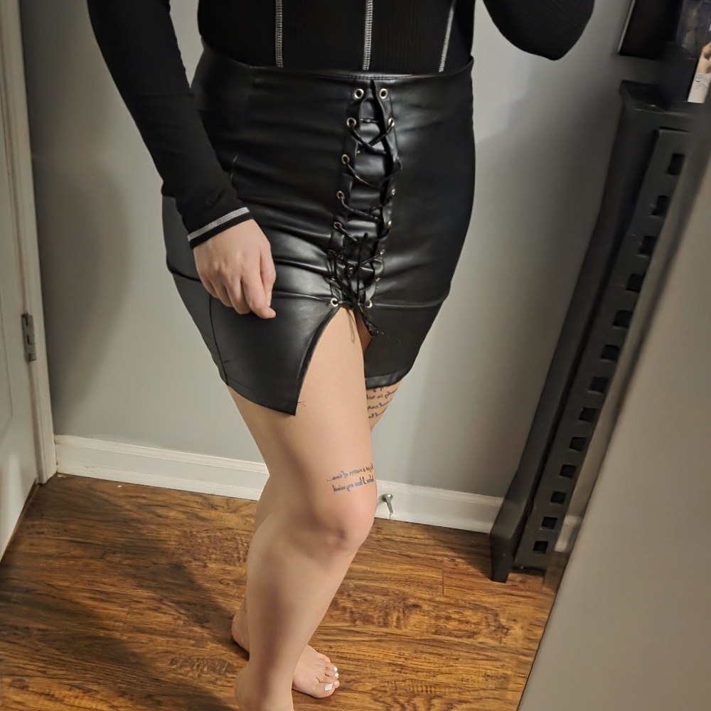 Black Lace-Up Leather Skirt